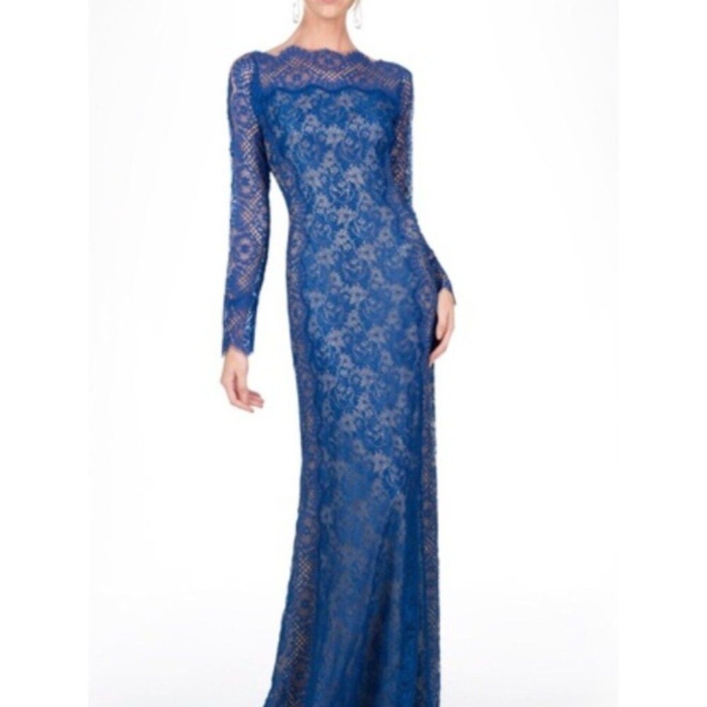 Tadashi Shoji Cobalt Blue Lace Long-Sleeve Evening Gown